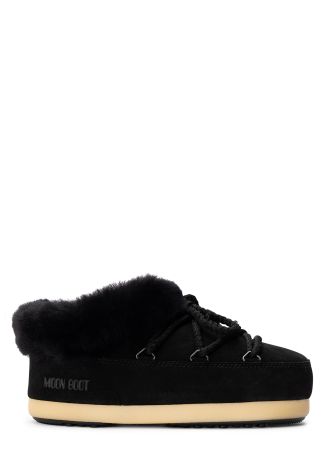 EVX black fur-trimmed suede mules