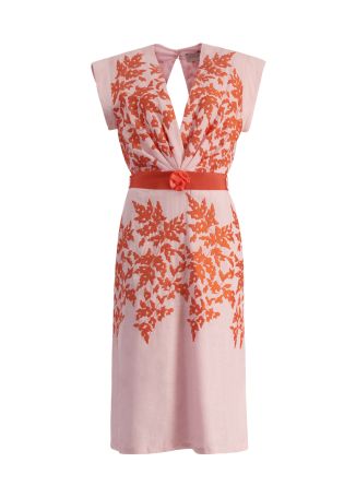 Olive embroidered linen-blend midi dress