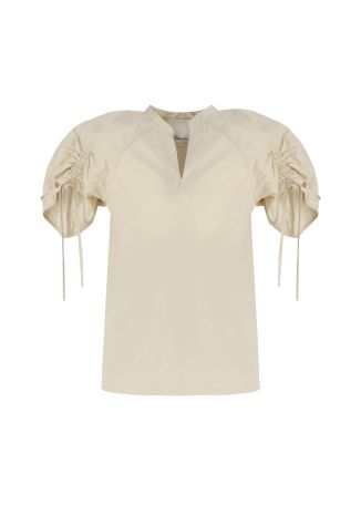 Beige ruched-sleeve cotton-blend top