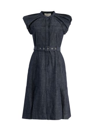 Blue belted chambray midi dress
