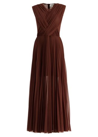 Brown pleated chiffon maxi dress