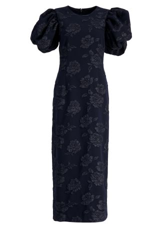 Navy floral-jacquard midi dress