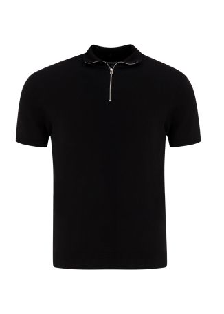 Black knitted cotton-blend polo shirt
