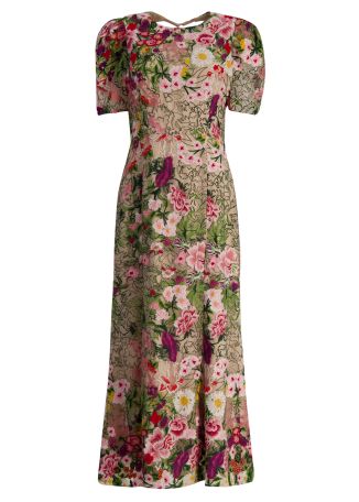 Flora floral-embroidered mesh midi dress