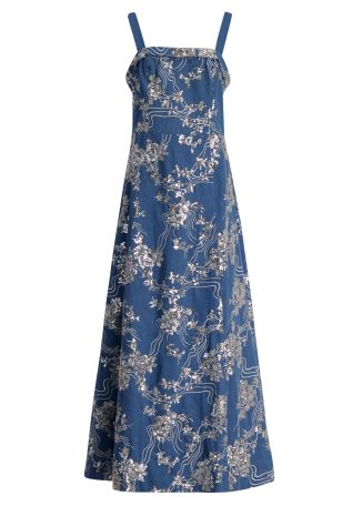 Ivena blue floral-embellished denim maxi dress