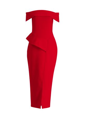 Celia red off-the-shoulder gown