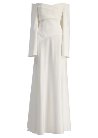 Rina white off-the-shoulder crepe and satin maxi dress