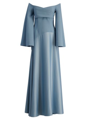 Rina blue off-the-shoulder crepe and satin maxi dress