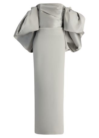 Floris silver off-the-shoulder satin and crepe gown