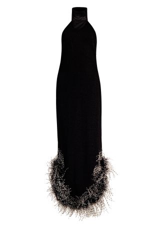 Lumière plumage black feather-trimmed metallic-knit maxi dress