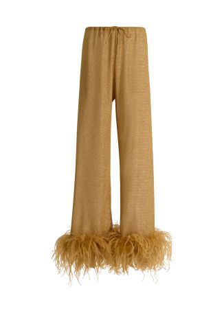 Lumière plumage gold feather-trimmed metallic-knit trousers