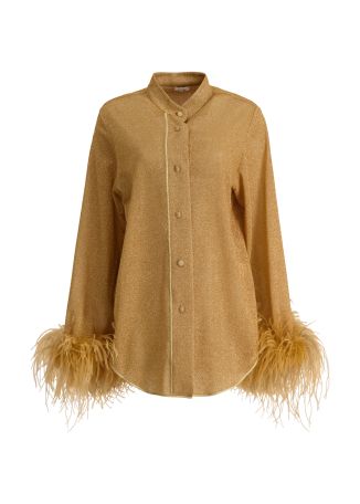 Lumière plumage gold feather-trimmed metallic-knit shirt