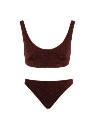 Lumière brown metallic-knit bikini