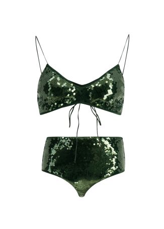 Lumière green metallic-knit bikini top