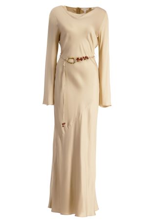 Agnes beige belted satin maxi dress