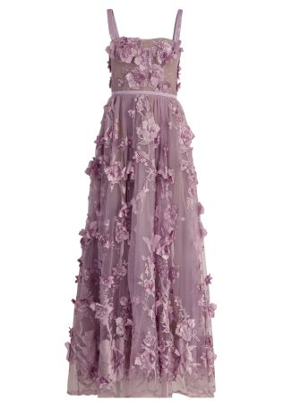 Anastasia lilac floral-embellished tulle maxi dress