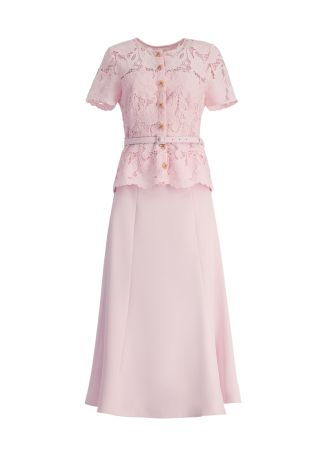 Pink layered lace and crepe midi dress