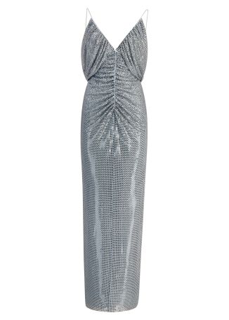Blue rhinestone-embellished mesh maxi dress