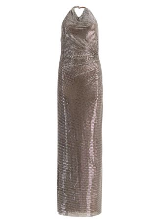 Grey rhinestone-embellished mesh maxi dress