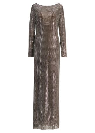 Grey rhinestone-embellished mesh maxi dress