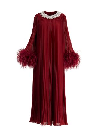Burgundy pleated chiffon midi dress