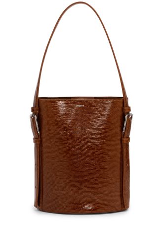 Ergonomic brown lizard-effect leather bucket bag