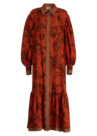 Monkey dance printed silk midi dress