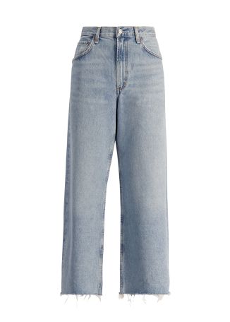 Low curve fray blue barrel-leg jeans