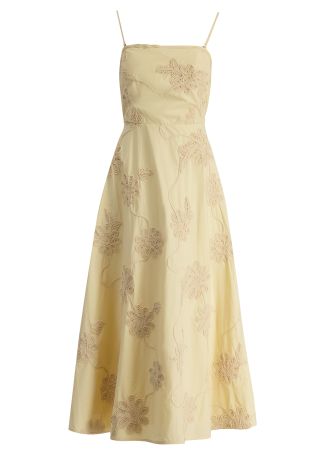 Yellow floral-embroidered cotton midi dress