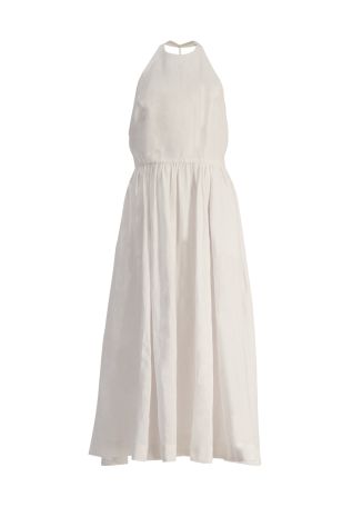 Doll white gathered linen maxi dress