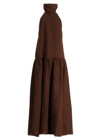 Brown gathered linen maxi dress