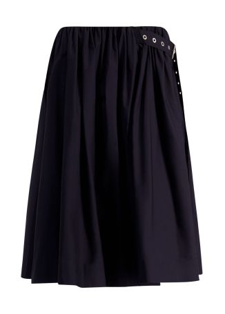 Navy belted cotton midi skirt