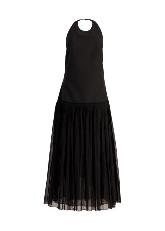 Black pleated wool-blend maxi dress