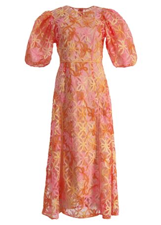 Samphire orange floral-embroidered tulle midi dress